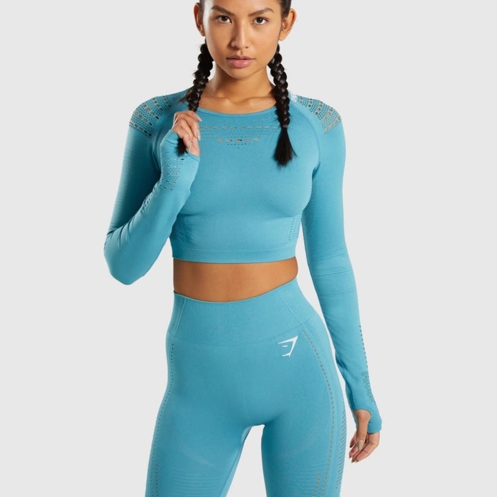 GymShark FLAWLESS KNIT LONG SLEEVE CROP TOP / Sea Blue